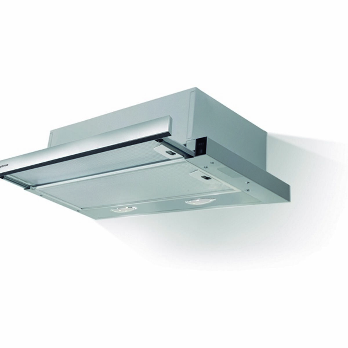 Una moderna campana extractora plateada está montada en una pared blanca. La campana tiene una visera retráctil y dos luces pequeñas.