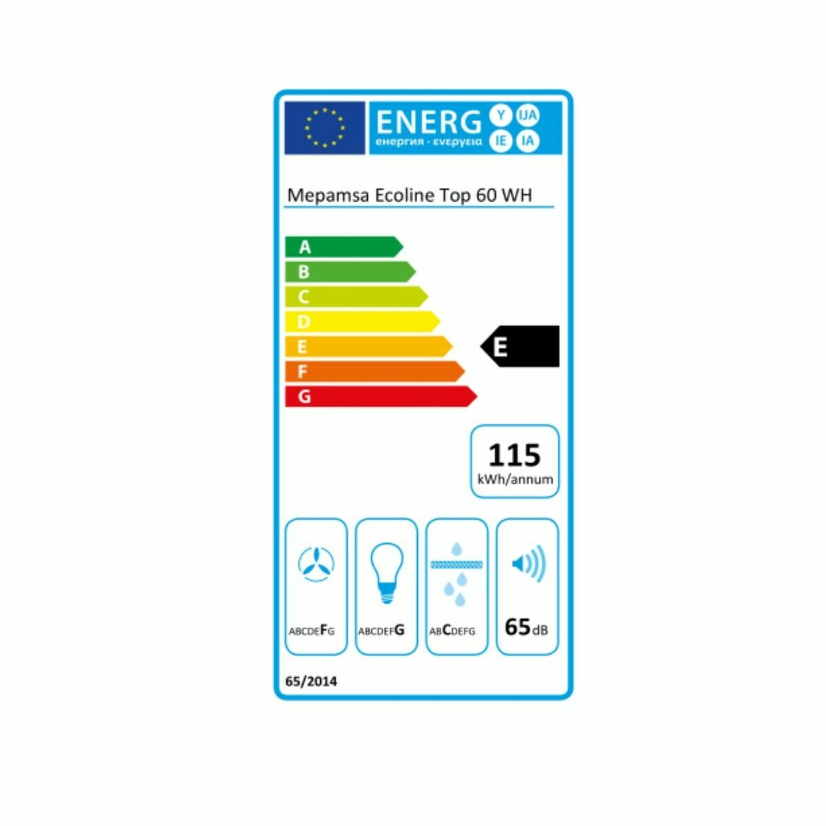 Etiqueta energética para Mepamsa Ecoline Top 60 WH. Muestra niveles de eficiencia de A a G, con una calificación 'E'. Contiene valores kWh/año y dB.