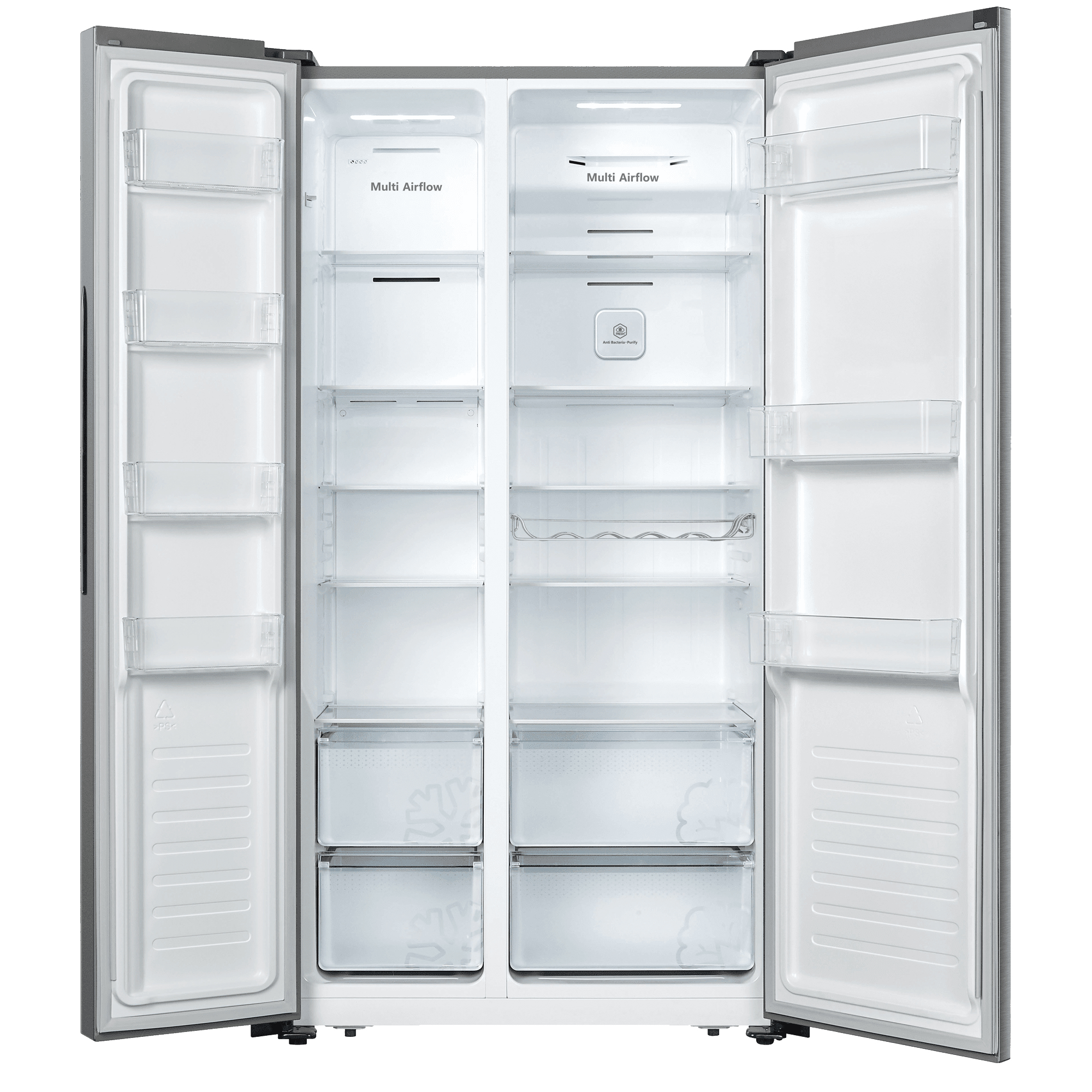 Frigorifero aperto in acciaio inossidabile. L'interno mostra ripiani, cassetti e contenitori trasparenti. Il testo sul frigorifero recita: Multi Airflow, Anti Bacteria-Purify.