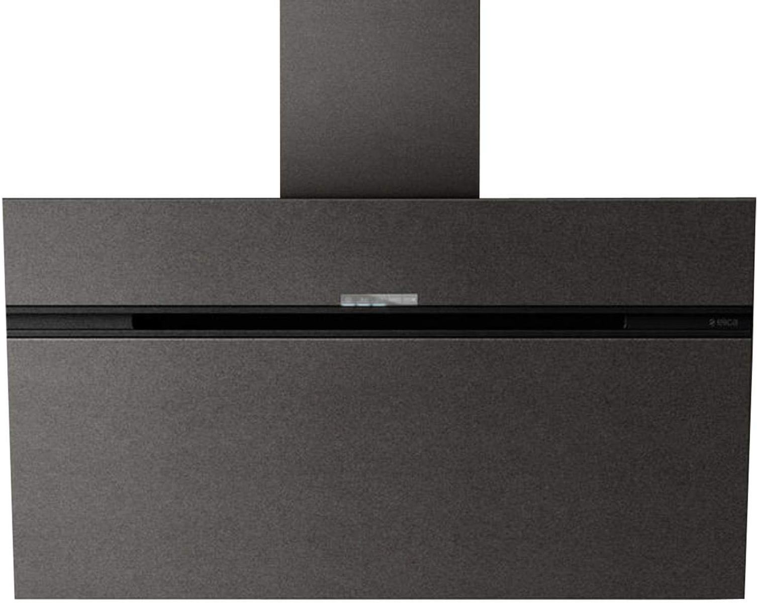 Cappa da cucina grigio scuro dal design rettangolare. Ha una striscia nera orizzontale e un piccolo pulsante argentato.