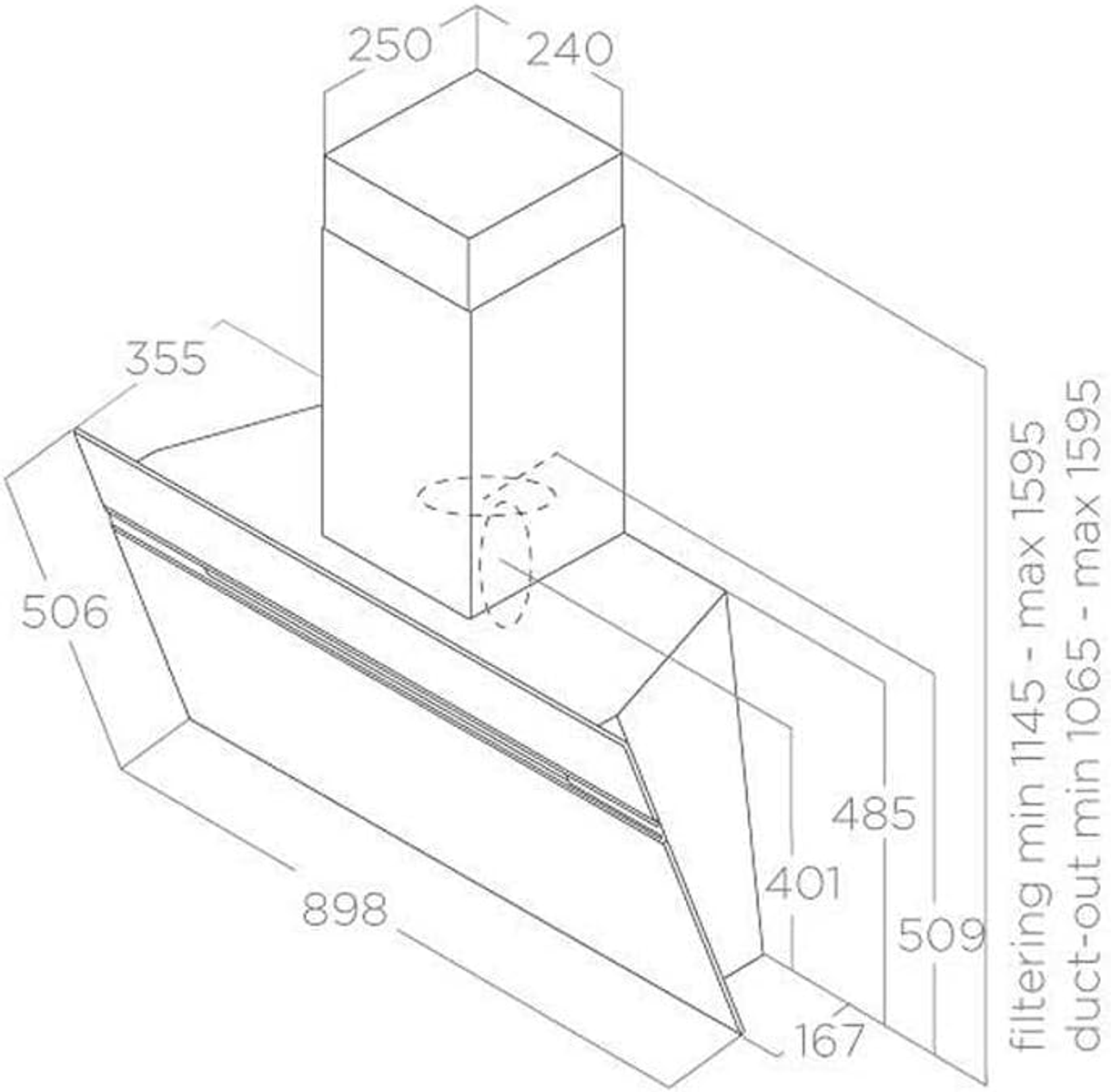 Vista isometrica di una cappa da cucina con dimensioni in millimetri. La cappa è bianca con un design geometrico.
