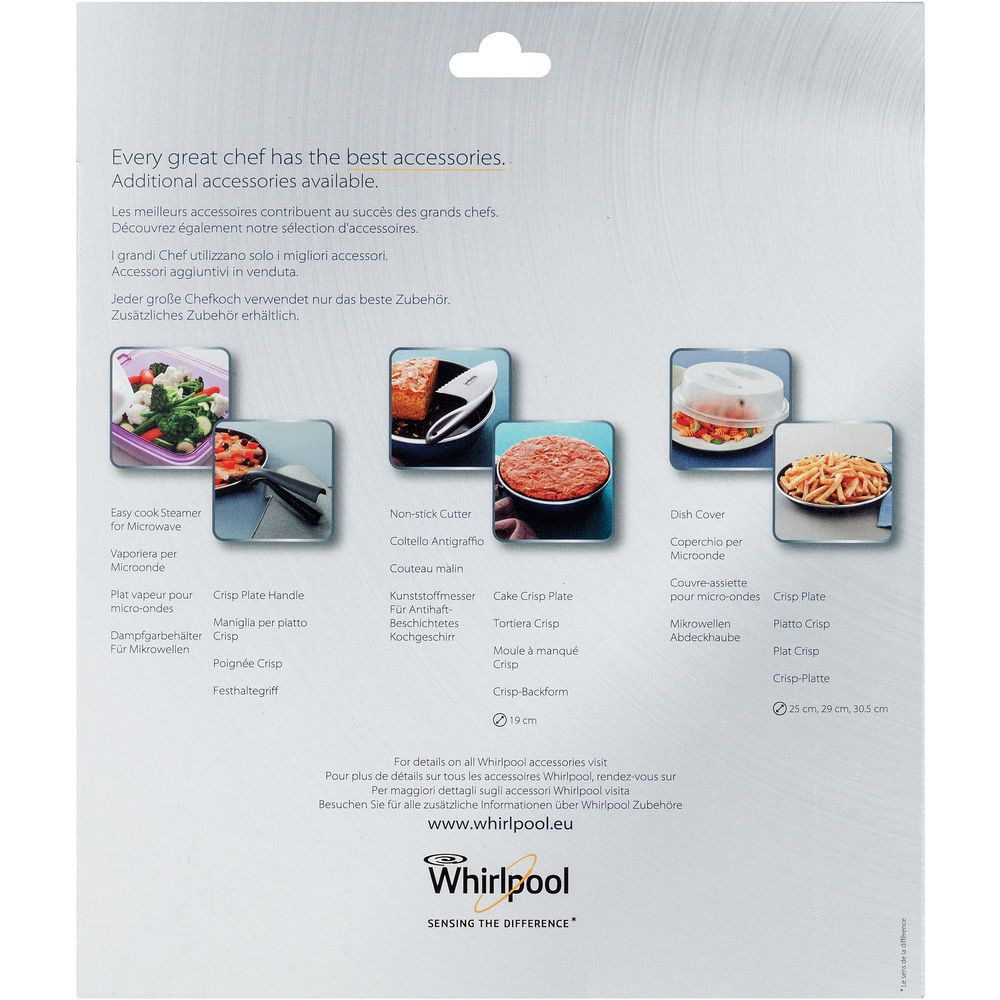 Annuncio bianco di accessori Whirlpool. I prodotti includono vaporiera, taglierina, piatto per torte, coperchio e piatto crisp.