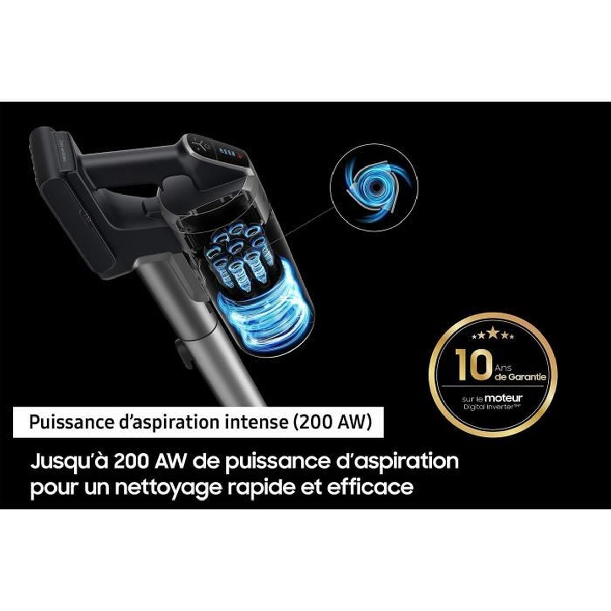 Una aspiradora inalámbrica negra con un depósito de polvo transparente, un remolino de energía azul y una insignia de garantía de 10 años. El texto menciona la potencia.