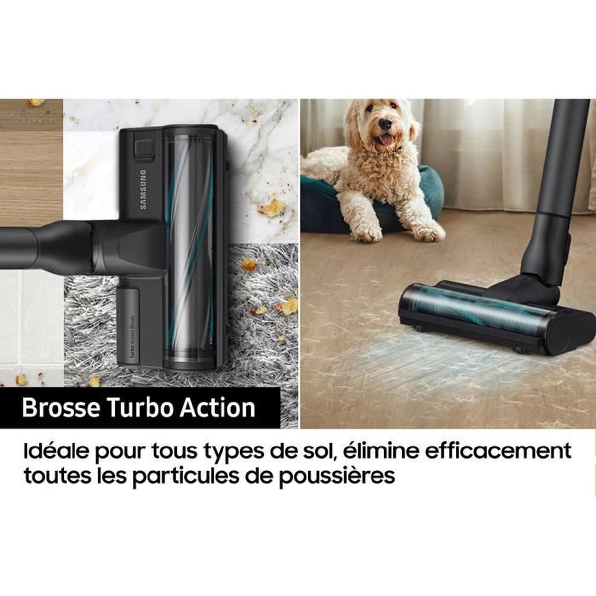 Una aspiradora con un perro al fondo. La aspiradora es negra y el perro es esponjoso. El texto dice Turbo Action.