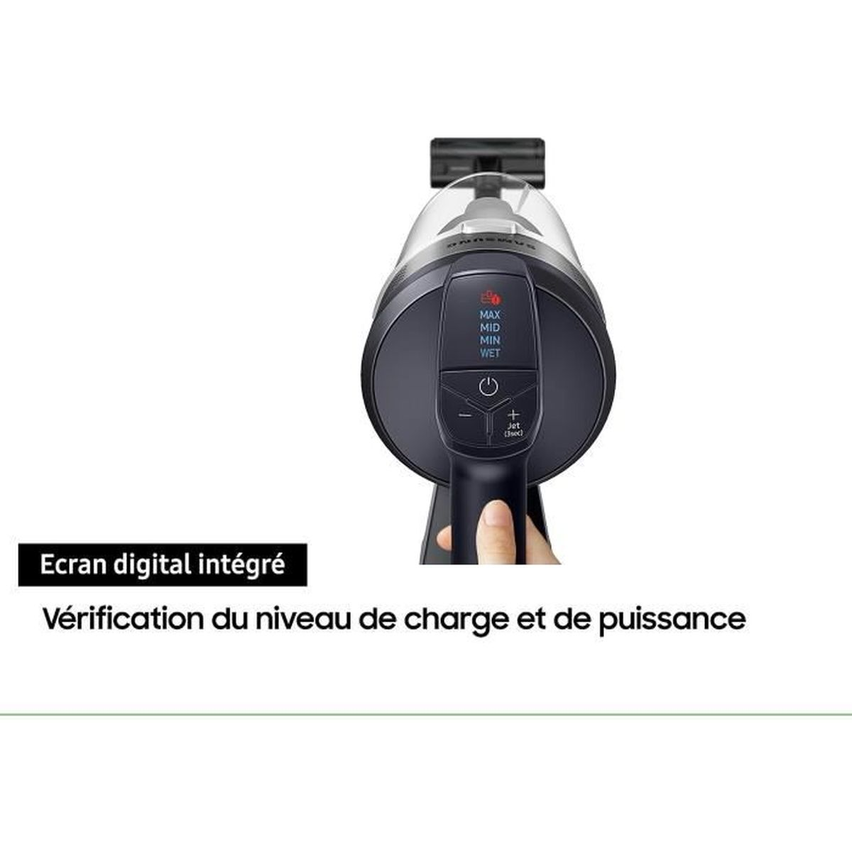 Se muestra una aspiradora de mano con pantalla digital integrada y control de nivel de potencia. Una mano sostiene la aspiradora.