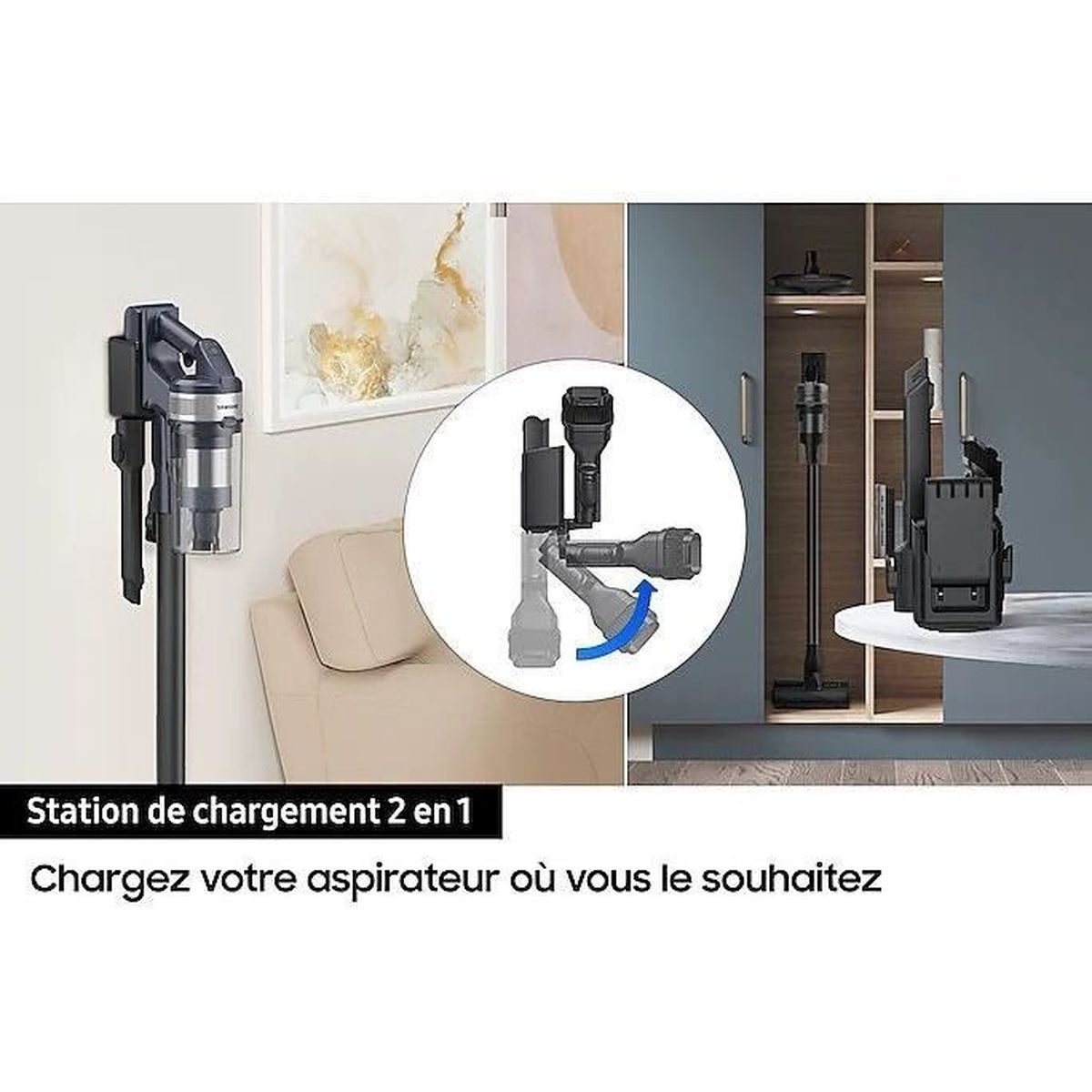Se muestra una aspiradora Samsung, con una estación de carga y accesorios adicionales. La imagen también muestra cómo funciona la aspiradora.