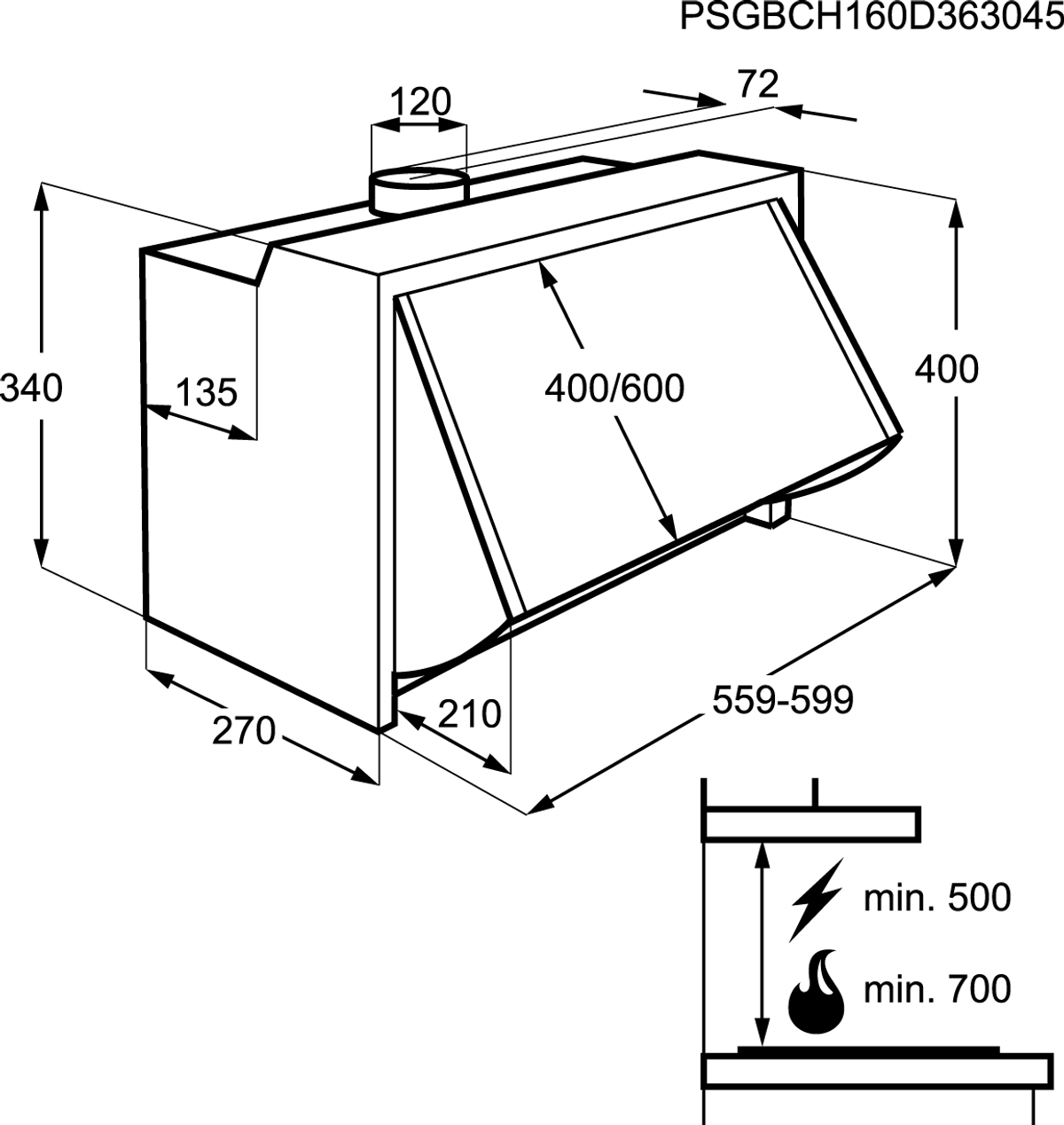 Schema di cappa da cucina con dimensioni in mm: 340x270, 400/600, 120, 72, 400, 210, 559-599. Simboli per le distanze minime.