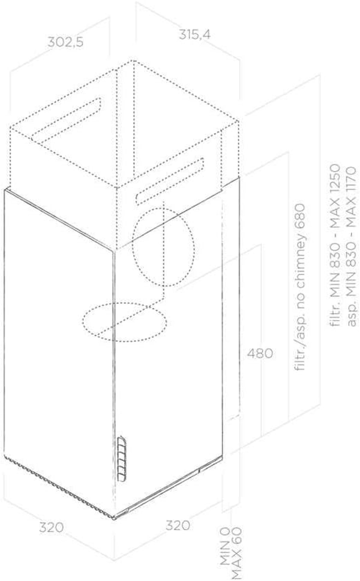 Disegno tecnico di una cappa da cucina. Vengono visualizzate dimensioni e specifiche, comprese le misure e le informazioni sul filtro.