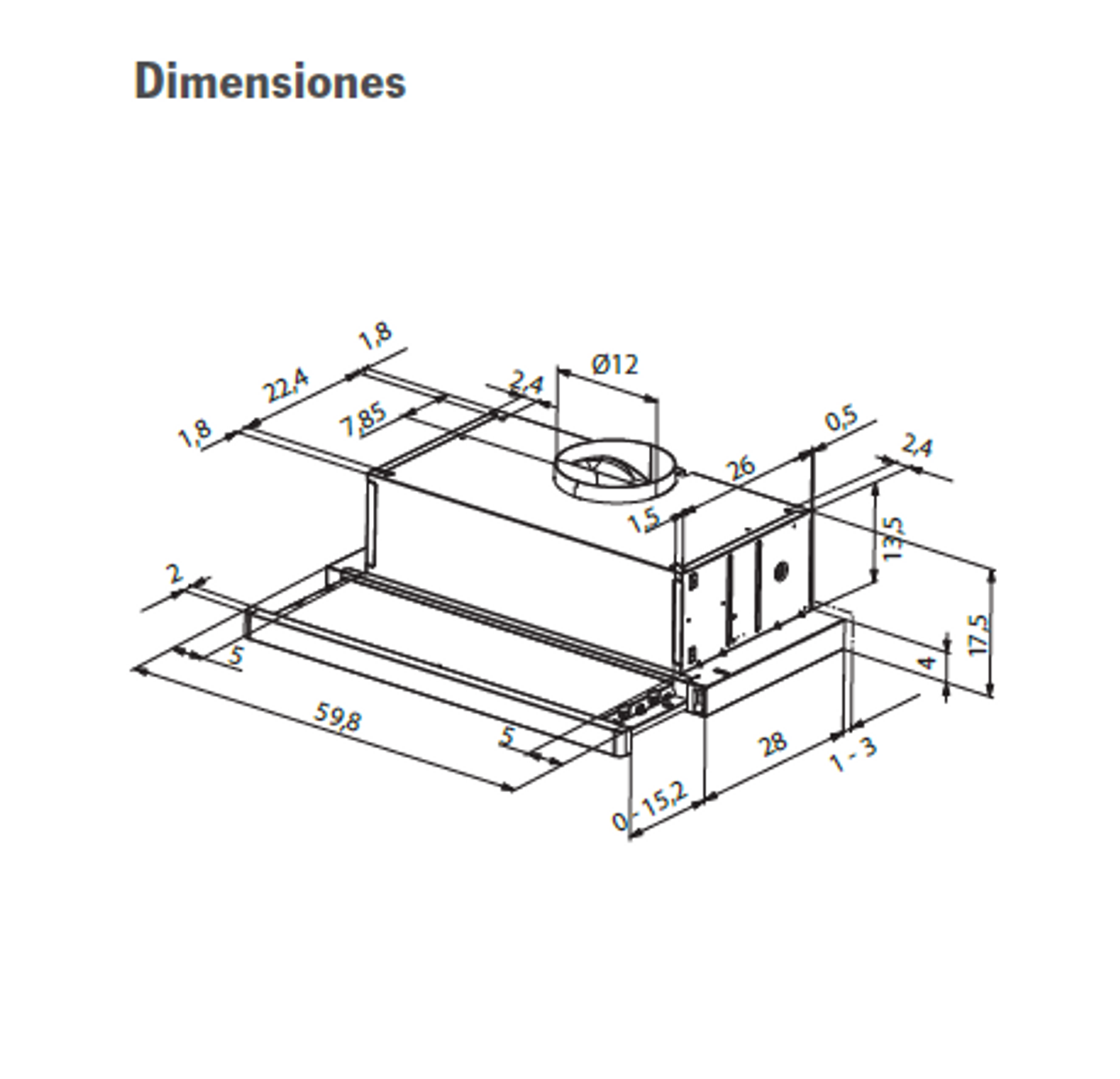 Disegno tecnico di una cappa con dimensioni. Numeri in cm, con sfiato centrale e corpo rettangolare.