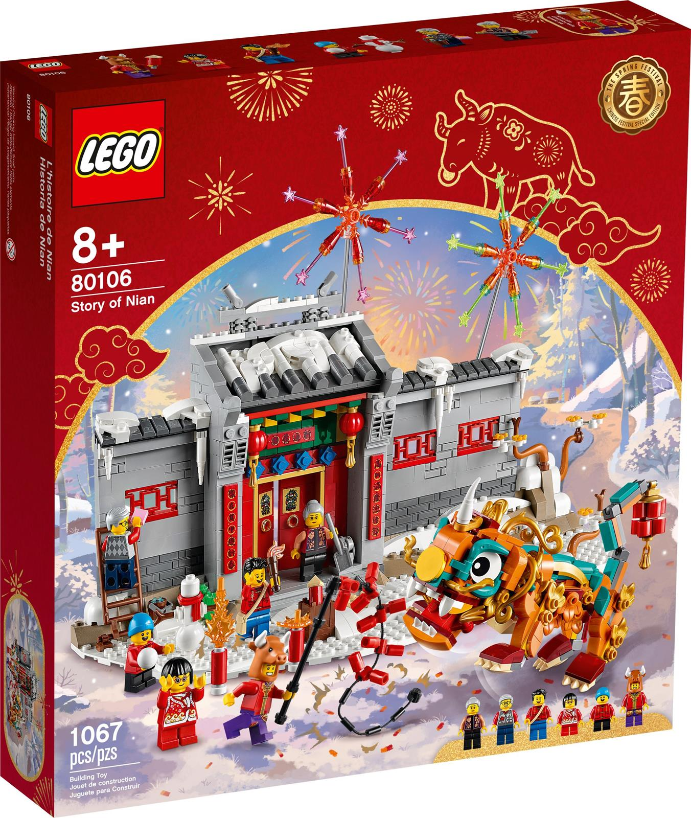 Çin Yeni Yılı sahnesi olan Lego kutusu. Bir ejderha, insanlar ve bir bina tasvir edilmiştir. Arka planda havai fişekler var.