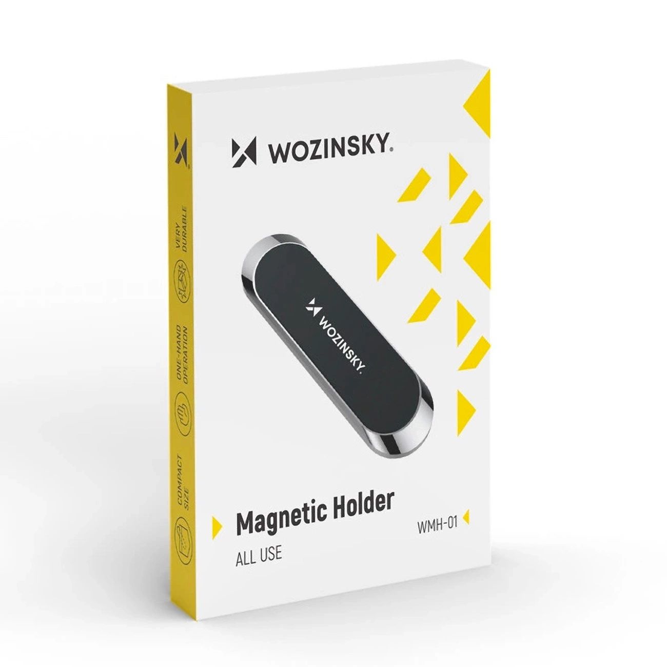 Białe i żółte pudełko z czarnym magnetycznym uchwytem na telefon. Na pudełku znajduje się marka WOZINSKY i napis Magnetic Holder.