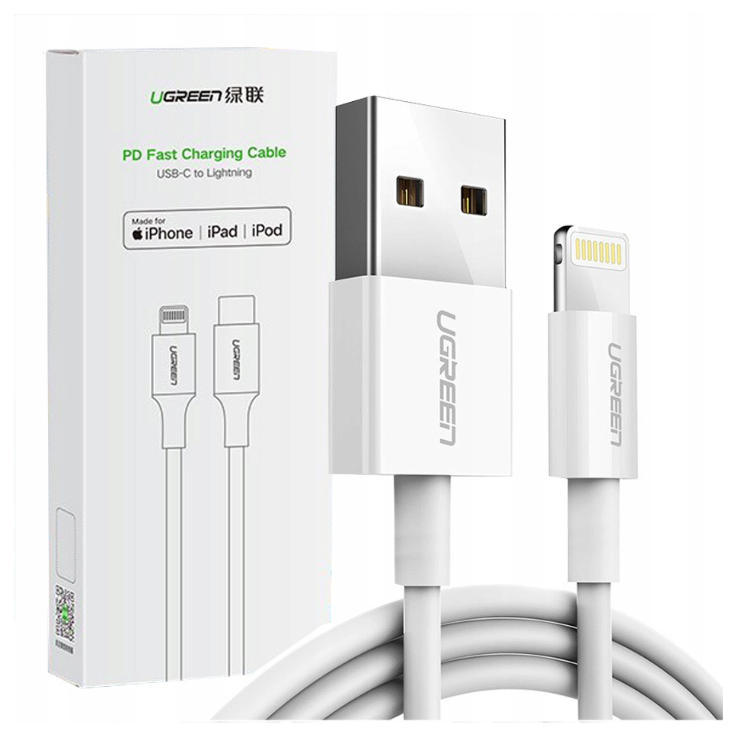 Biały kabel ładujący UGREEN z wtyczką USB-C i Lightning oraz białe pudełko z logo UGREEN.
