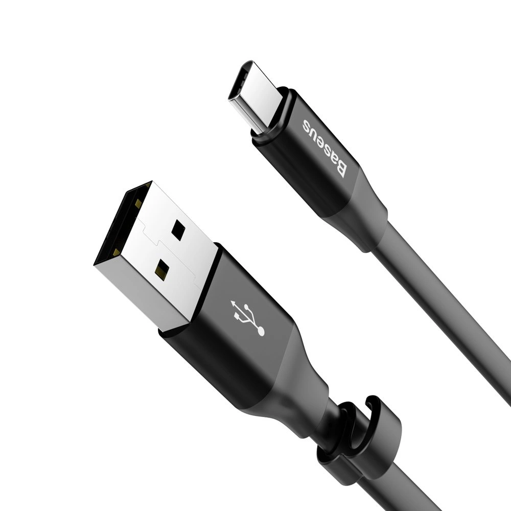 Schwarzes USB-A-zu-USB-C-Ladekabel mit Baseus-Logo. Das Kabel ist grau und hat einen Clip.