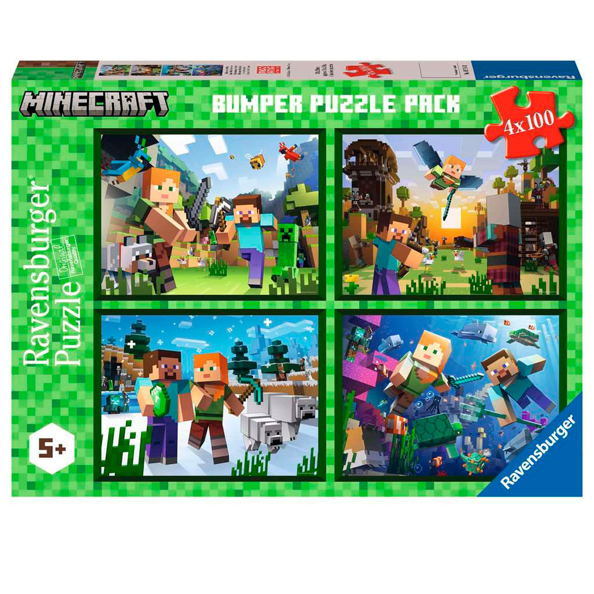 Scatola puzzle di Minecraft. Contiene quattro puzzle da 100 pezzi. Mostra personaggi e scene del gioco, su uno sfondo verde pixelato.