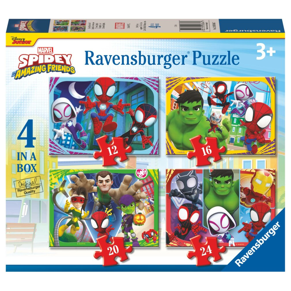 Una scatola di puzzle Ravensburger con Marvel Spidey e i suoi Amazing Friends. Include quattro puzzle con scene di personaggi e conteggi dei pezzi.