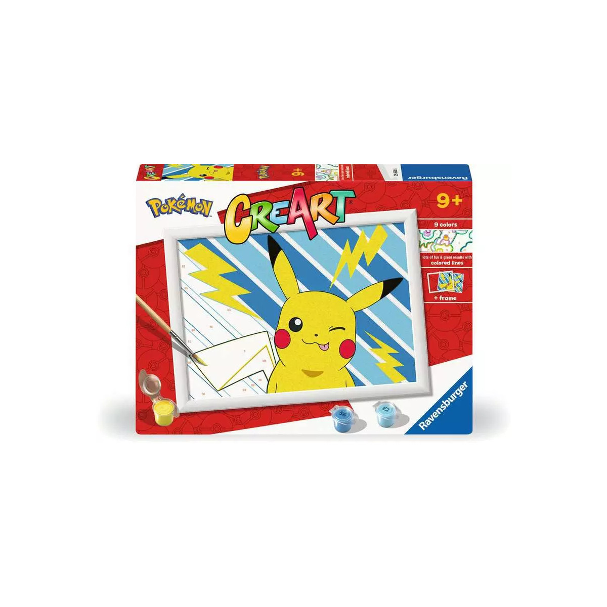 Una caja de Pokemon Creart. Presenta a Pikachu guiñando un ojo. Incluye pintura, marco y áreas de pintura numeradas en un lienzo.
