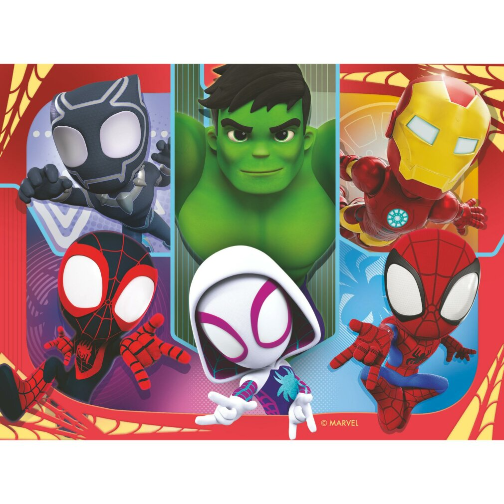 Personaggi Marvel: Black Panther, Hulk, Iron Man, Spider-Man e Spider-Gwen. Sfondo rosso e giallo con logo Marvel.
