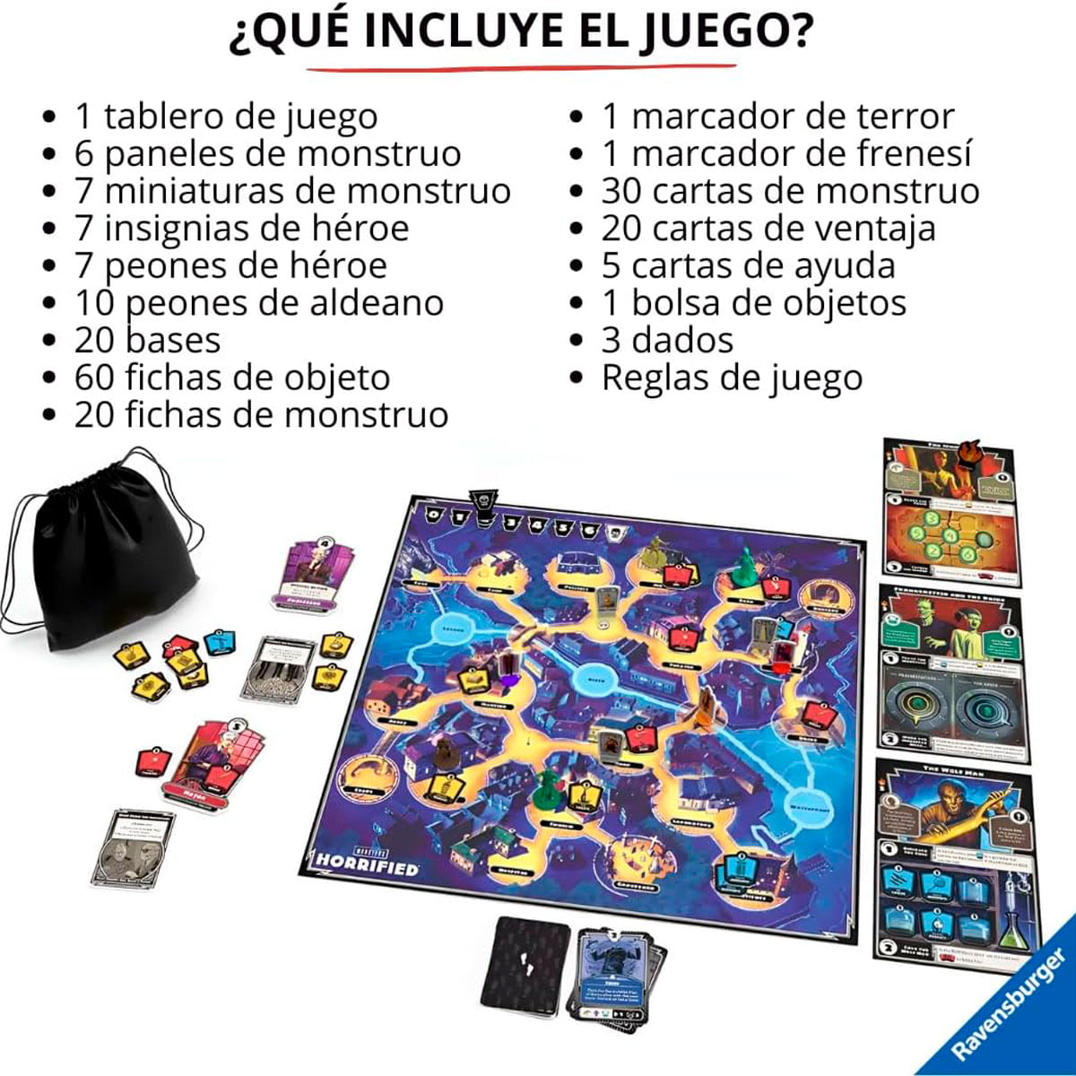Un juego de mesa con tablero, cartas, figuras, dados y fichas, sobre una superficie blanca. El juego se titula 'Horrified'.