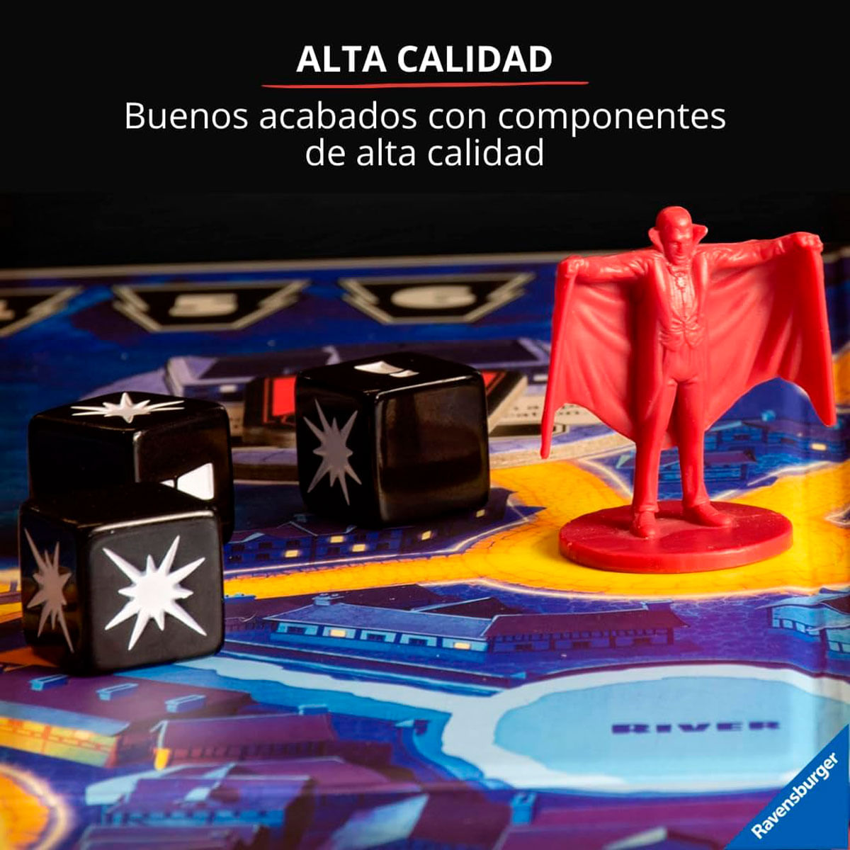 Un tablero de juego con dados y una figura roja de Drácula. Texto: 'Alta Calidad' y 'Buenos acabados'.