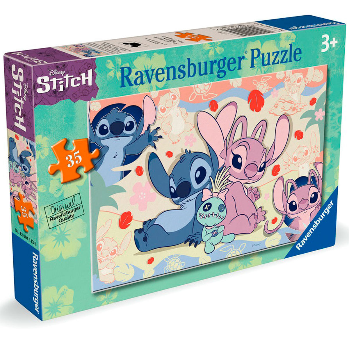 Eine Ravensburger-Puzzledose mit Stitch und anderen Figuren. Die Box ist türkis und hat ein Puzzlebild der Figuren.