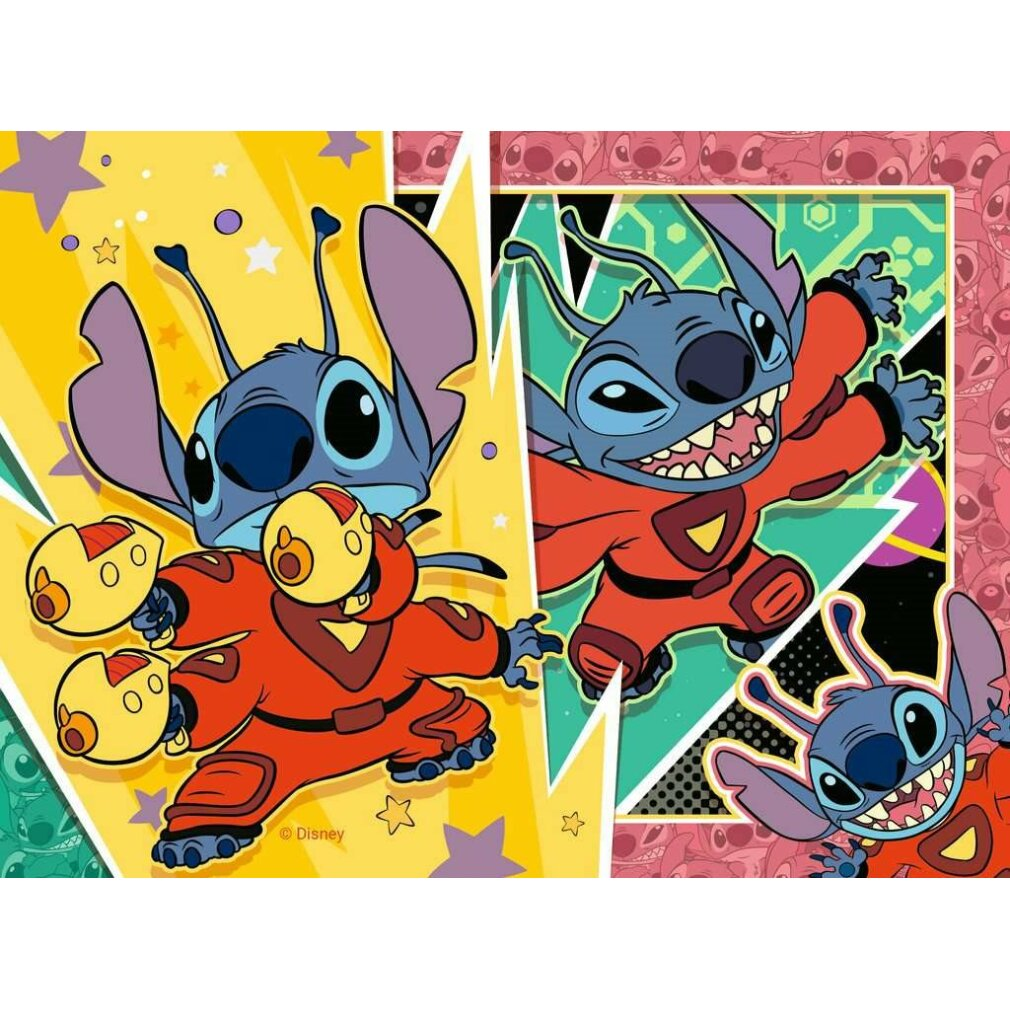 La imagen presenta a Stitch de Lilo & Stitch en diferentes poses. Viste trajes rojos sobre fondos coloridos, con el logo de Disney.