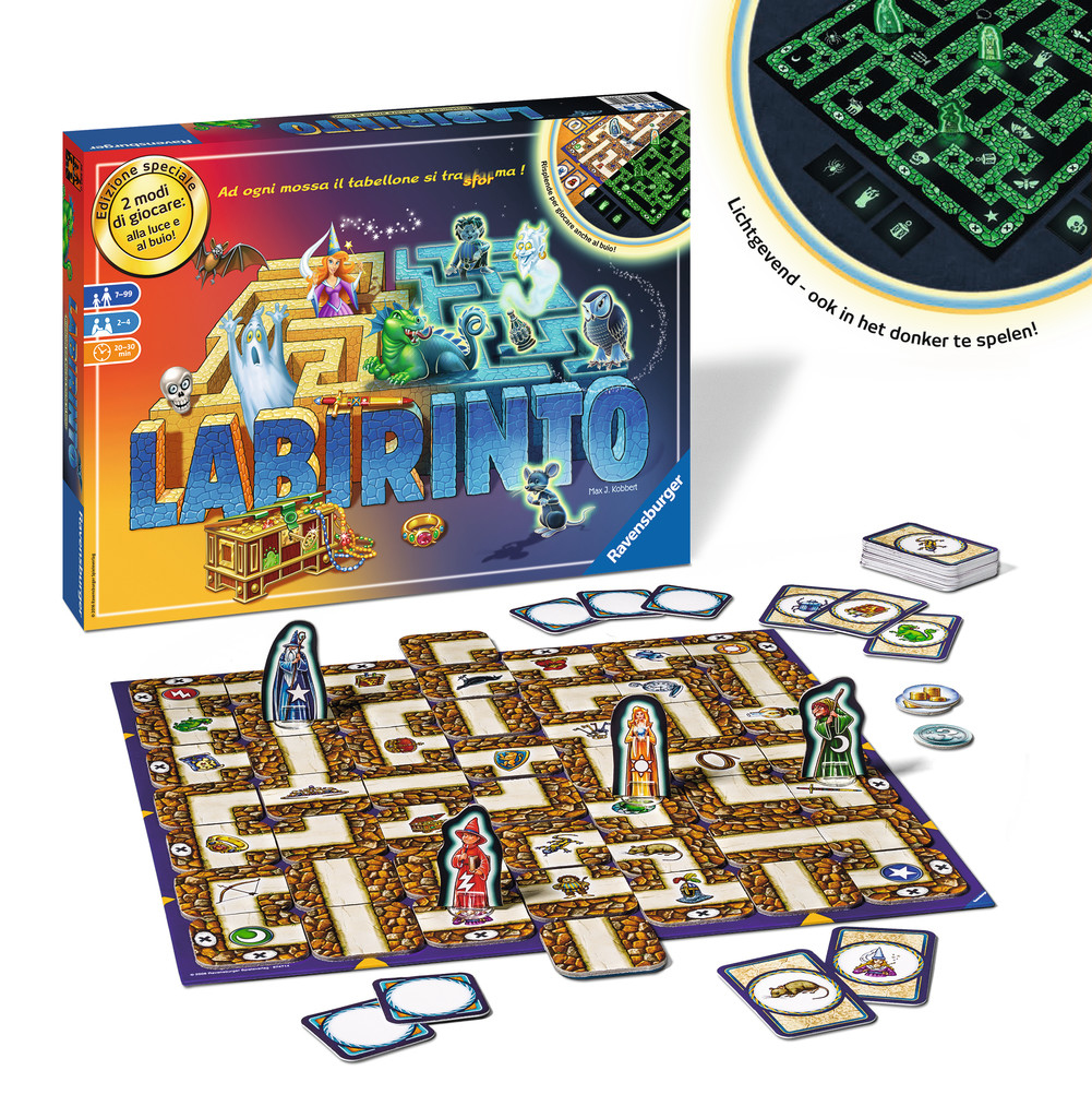 Ein Brettspiel namens 'Labirinto' wird gezeigt. Spielfiguren und Karten sind auf einem labyrinthischen Brett angeordnet. Die Box zeigt Fantasy-Charaktere.