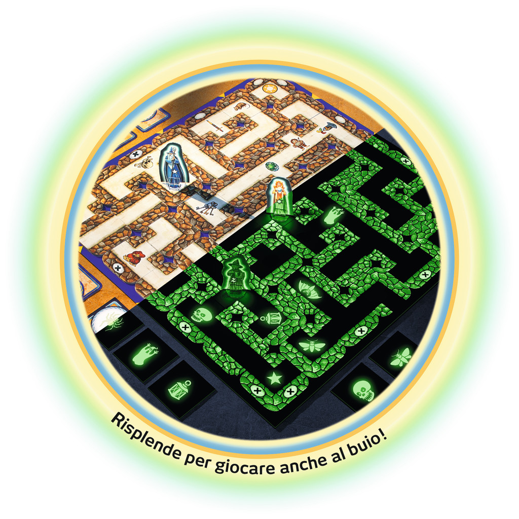 Ein Brettspiel mit zwei Labyrinthen, eines braun und eines grün, mit leuchtenden Figuren und Karten. Kreisförmiger Rahmen mit Text.