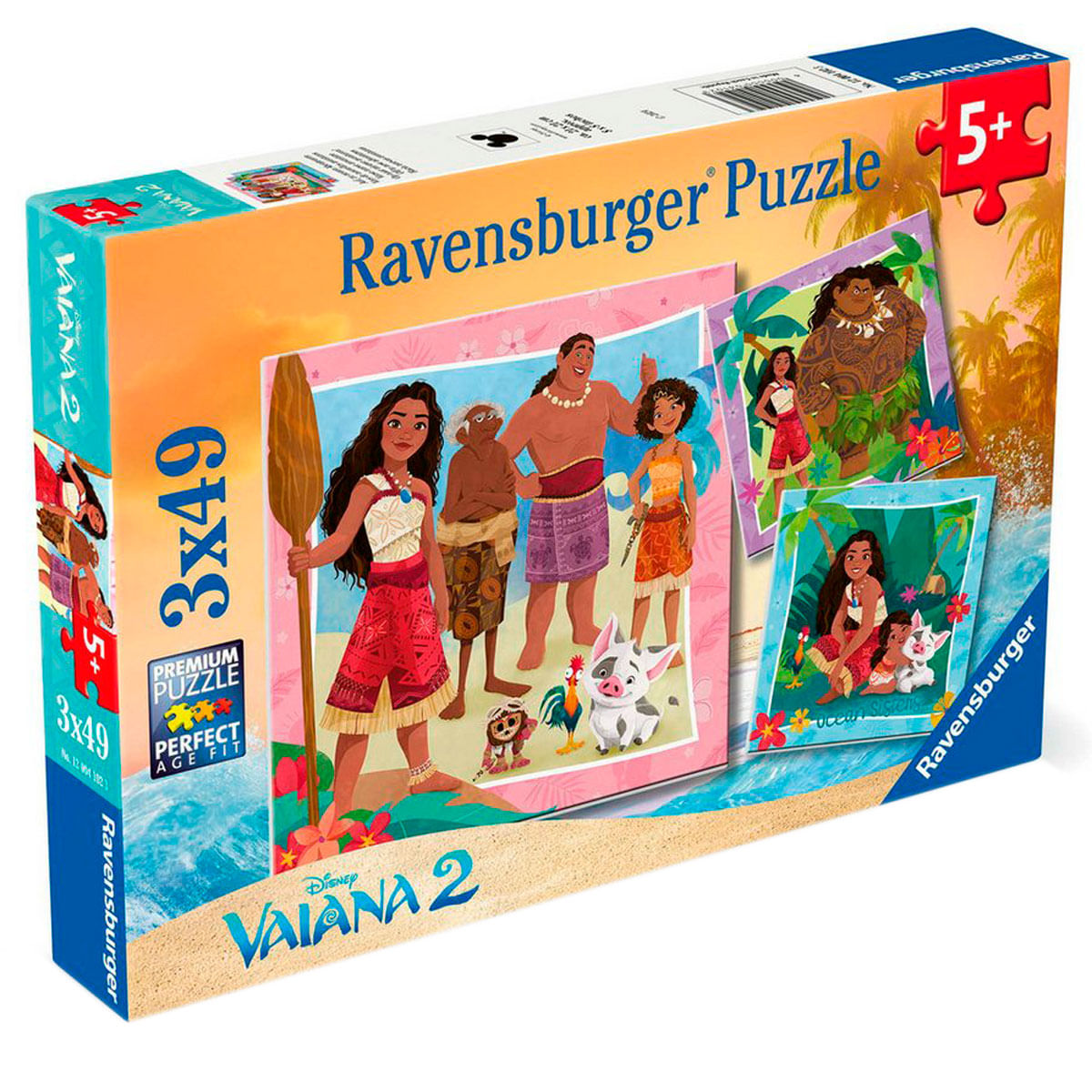 Una scatola di puzzle Ravensburger di Vaiana 2. Mostra i personaggi del film. La scatola è blu e arancione con pezzi.