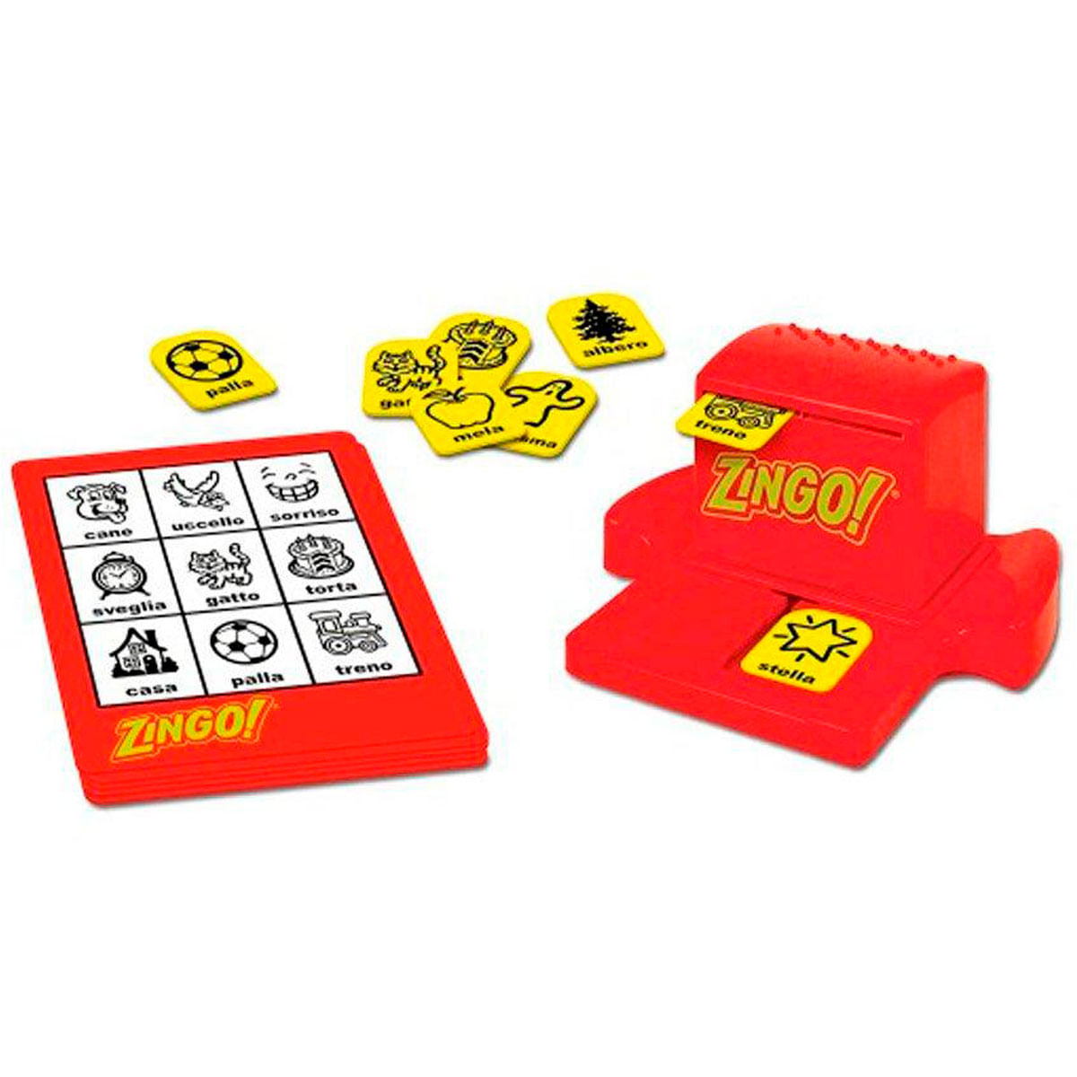 Un juego Zingo rojo con tarjetas y fichas. El juego tiene imágenes de objetos. Fichas amarillas con imágenes están dispersas.