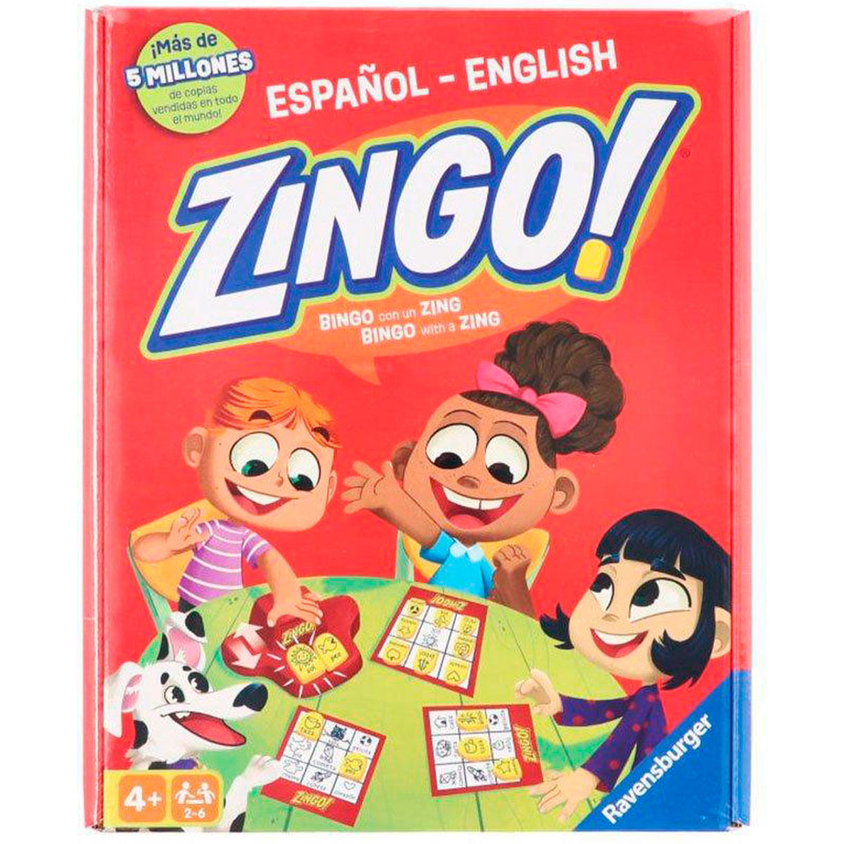 La caja del juego Zingo! muestra a niños jugando. También hay un perro. El juego está en español e inglés. La caja es roja.