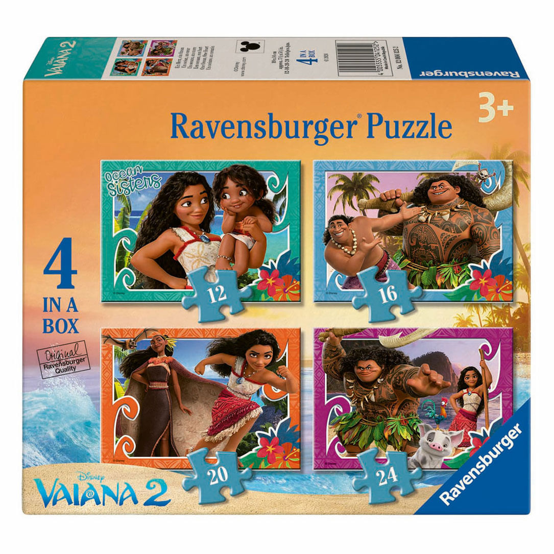 Una scatola di puzzle Ravensburger con immagini di Vaiana 2. La scatola mostra quattro immagini di puzzle con personaggi e numeri, con il logo Ravensburger.
