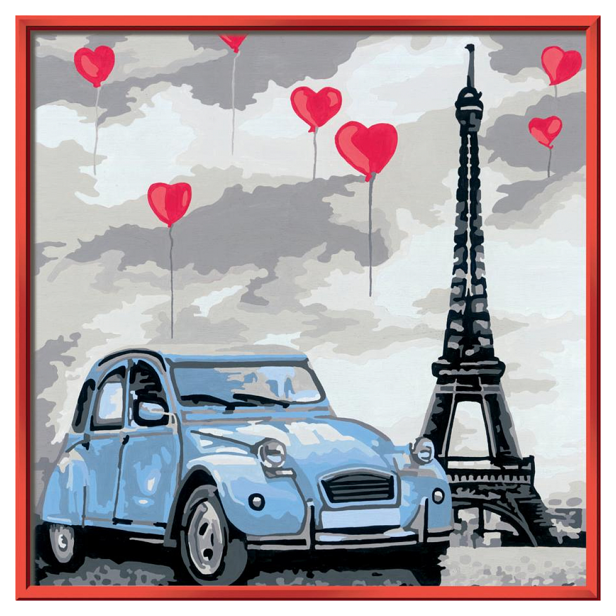 Un coche azul en París con la Torre Eiffel y globos de corazón en el cielo. Es una pintura con marco rojo.