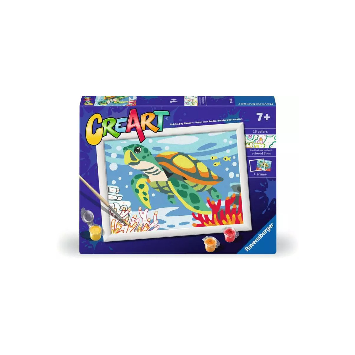 Un juego de pintar por números con una tortuga bajo el agua. Incluye pinturas, pincel y marco.