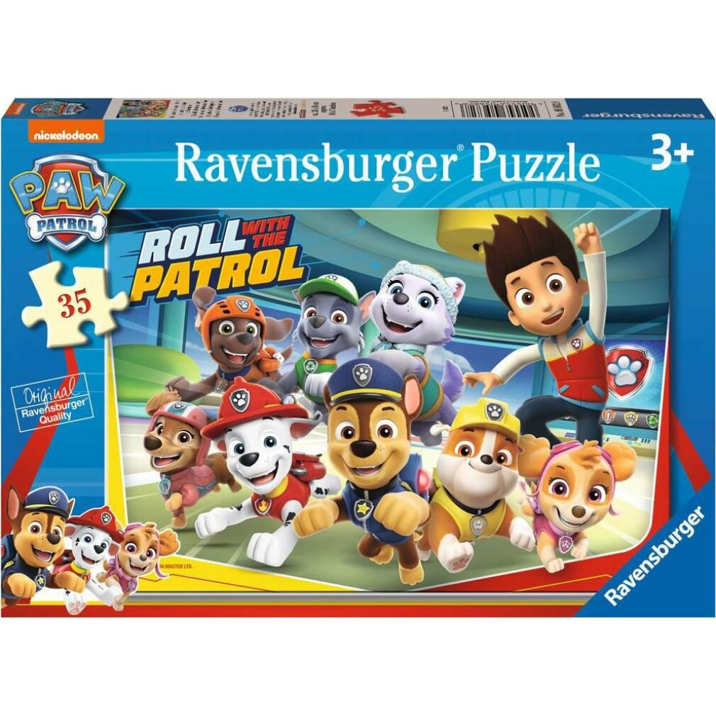 Scatola di puzzle Paw Patrol. I personaggi includono Chase, Marshall, Skye e altri. Il puzzle è di Ravensburger ed è per bambini dai 3 anni in su.