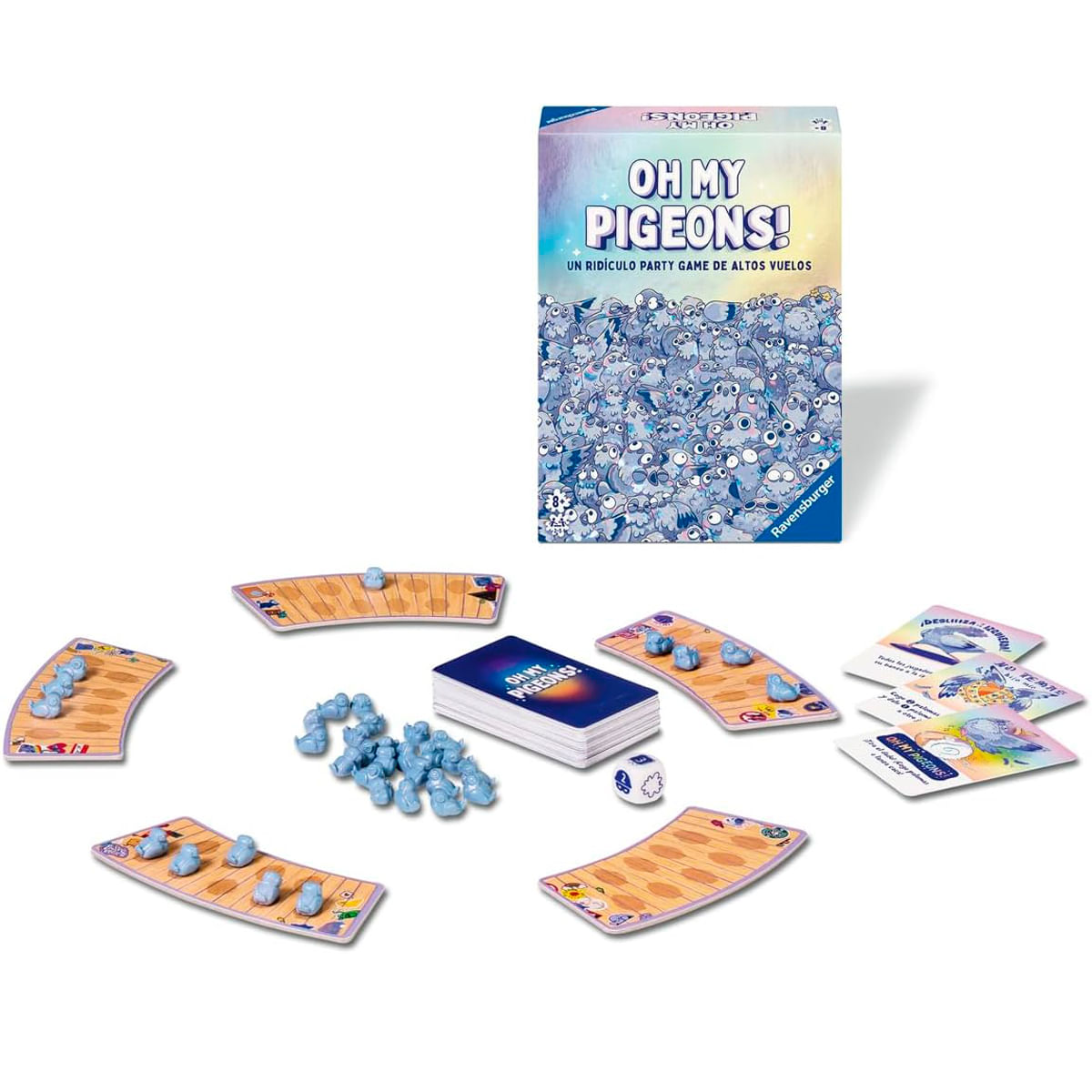 Se muestra el juego de mesa 'Oh My Pigeons!'. Incluye piezas de juego, cartas, dados y una caja con palomas.
