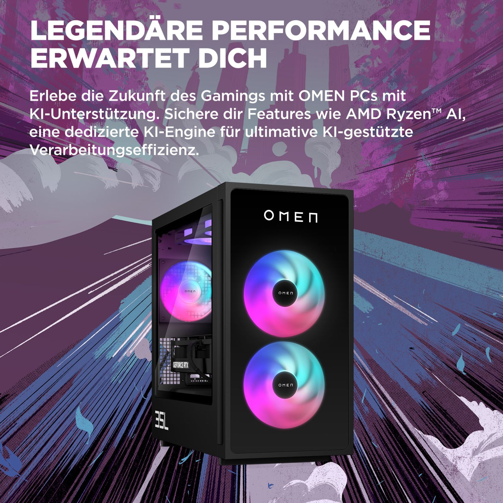 Komputer OMEN z wentylatorami RGB. Tekst: LEGENDÄRE PERFORMANCE ERWARTET DICH. Funkcje AMD Ryzen AI i KI-Engine.