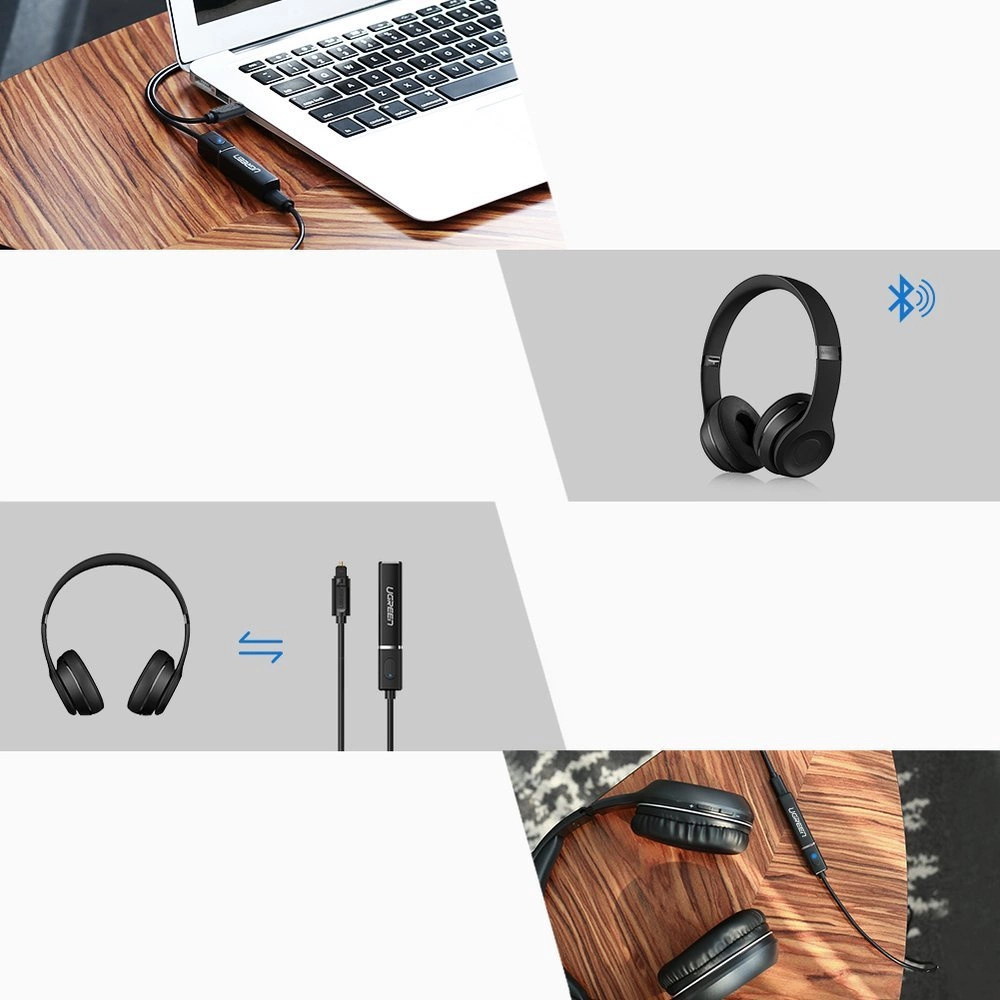Ses adaptörüne bağlı bir dizüstü bilgisayar. Kulaklıklar ve Bluetooth sembolü. Başka bir kulaklık ve adaptör seti gösteriliyor.