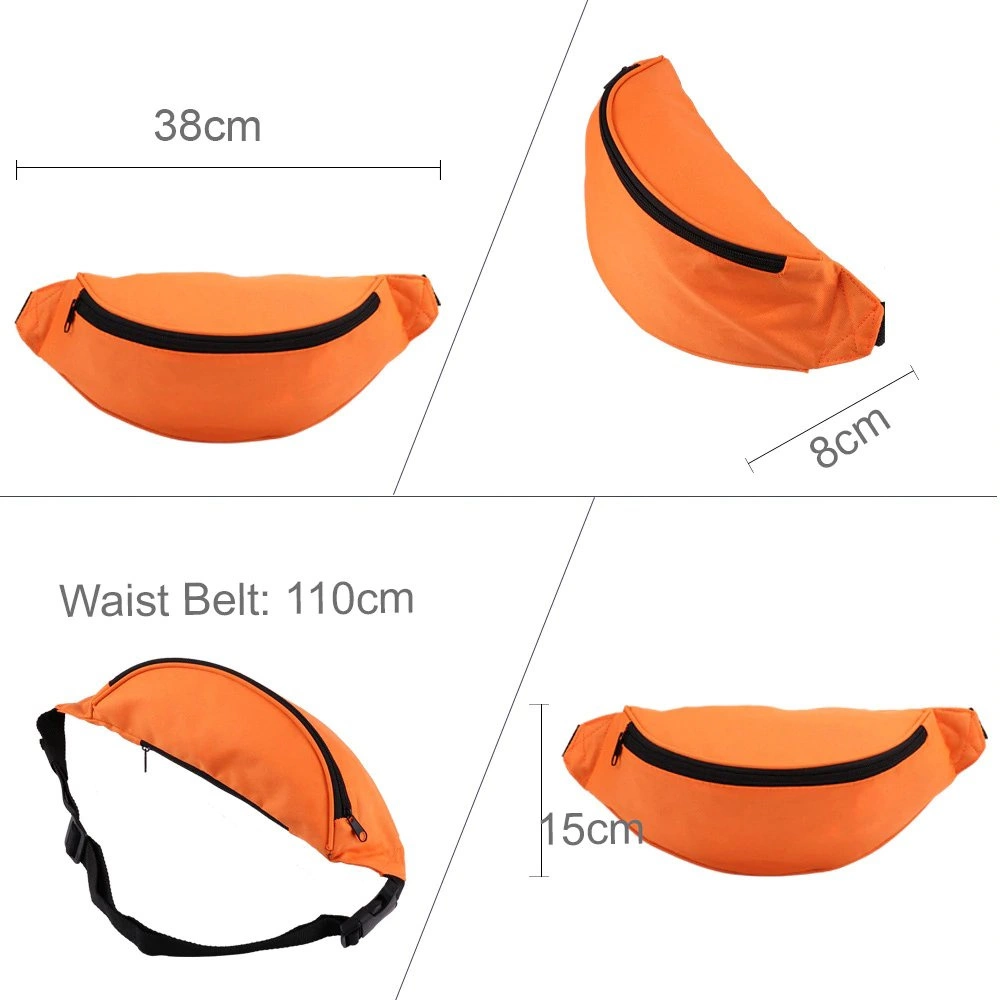 Eine orangefarbene Bauchtasche mit schwarzem Reißverschluss und Riemen wird in vier verschiedenen Ansichten mit Abmessungen angezeigt. Der Hüftgurt ist 110 cm lang.