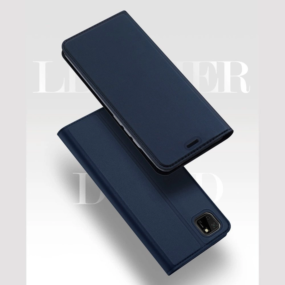 Sono esposte due custodie per telefono blu navy. Una è aperta, rivelando la fotocamera del telefono. L'altra è chiusa. Lo sfondo è chiaro.