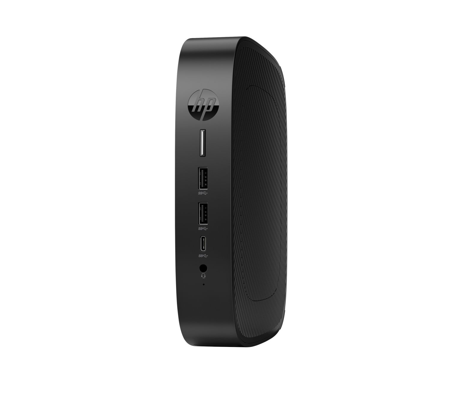 Un computer desktop HP nero. Ha il logo HP, varie porte e un pannello laterale strutturato. Lo sfondo è bianco.