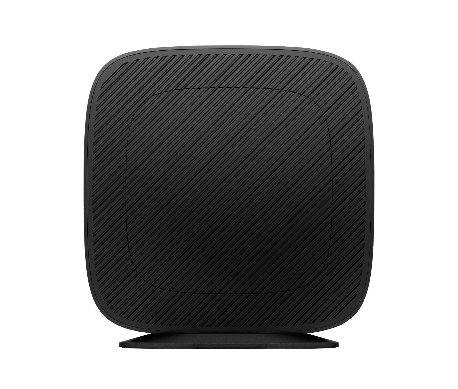 Un dispositivo nero, quadrato e arrotondato con una superficie strutturata, forse un altoparlante o un modem, su sfondo bianco.