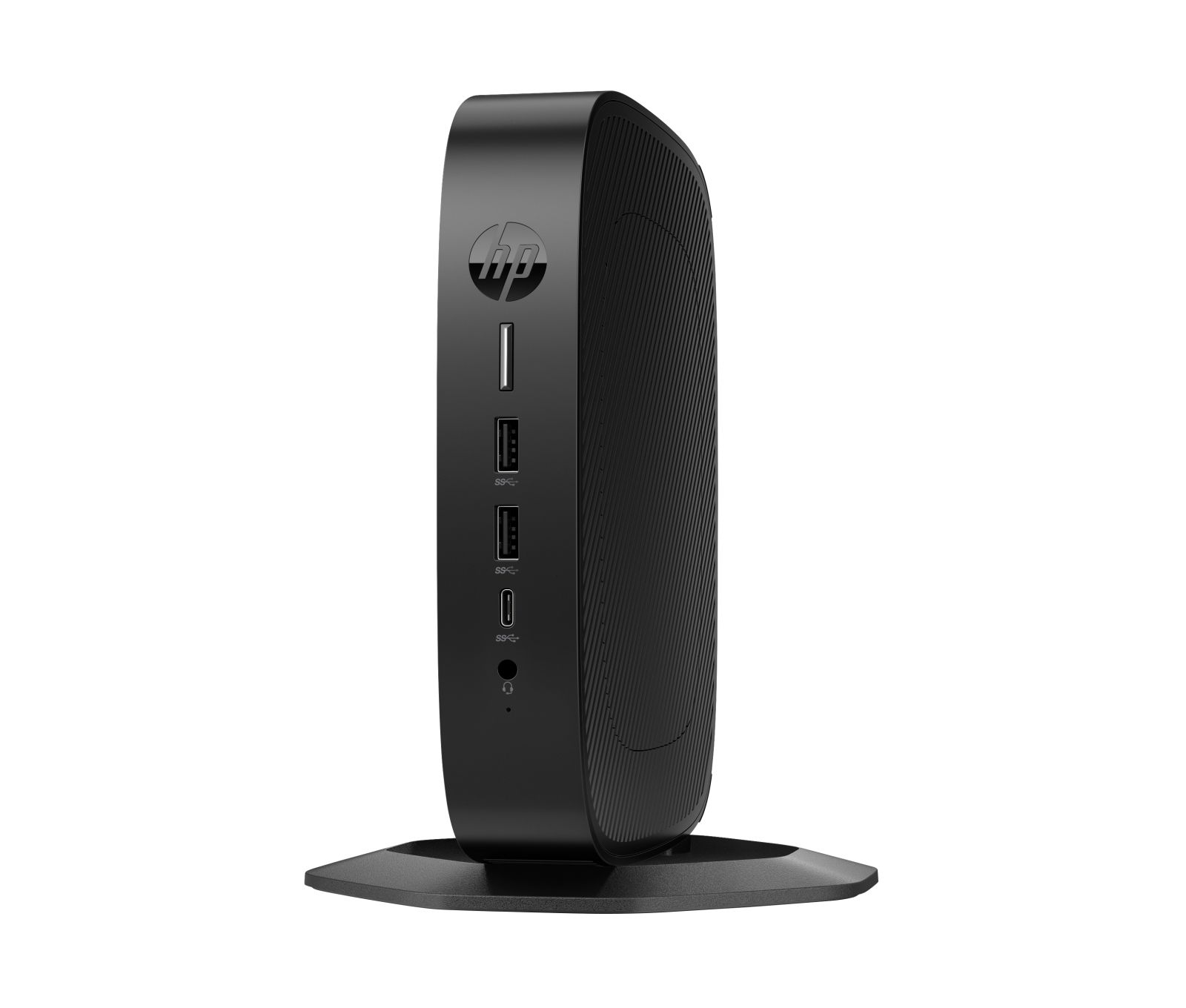 Schwarzer HP-Computerturm auf einem Ständer. Er hat Anschlüsse auf der Vorderseite und das HP-Logo oben.