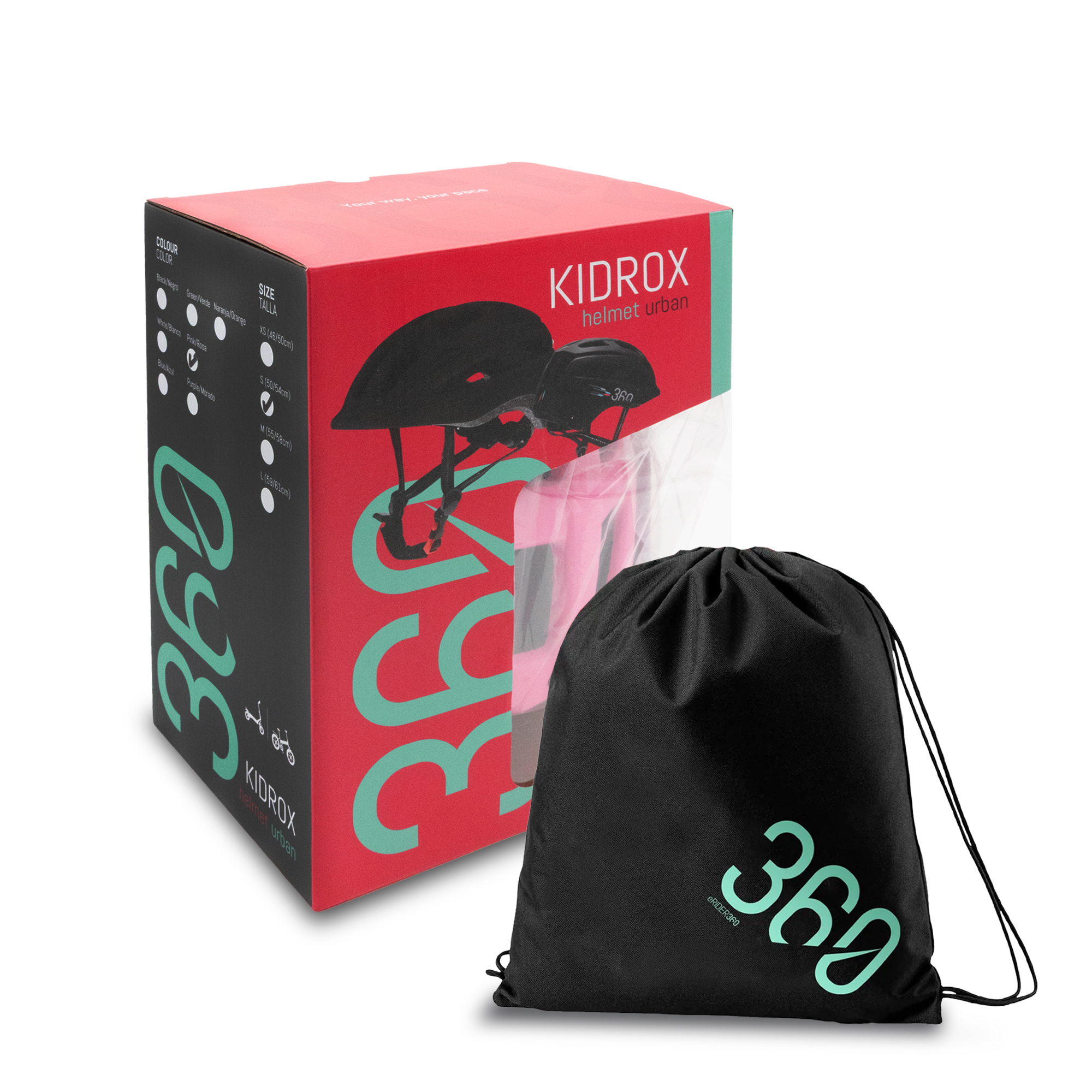 Una caja con un casco dentro. Una bolsa negra con un logo está al lado. La caja es roja y negra.