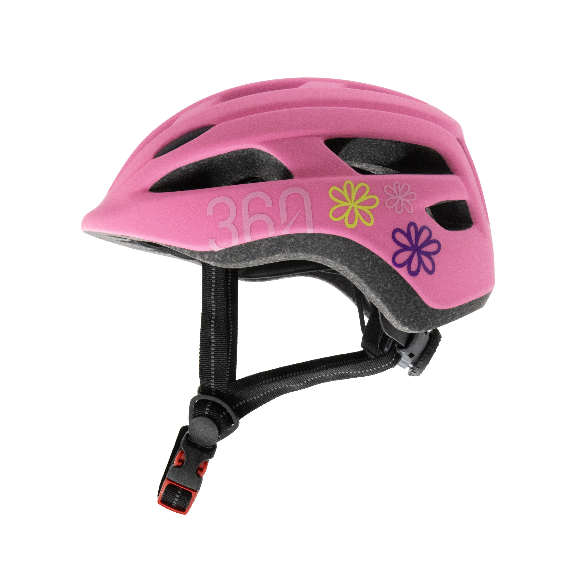 Un casco de bicicleta rosa con flores y el número 360. Tiene una correa negra y una hebilla roja.