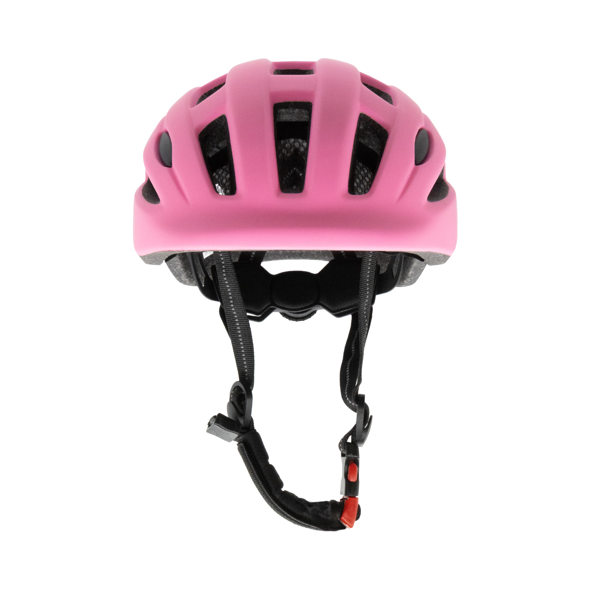 Un casco de bicicleta rosa con correas negras y una hebilla roja, sobre un fondo blanco.