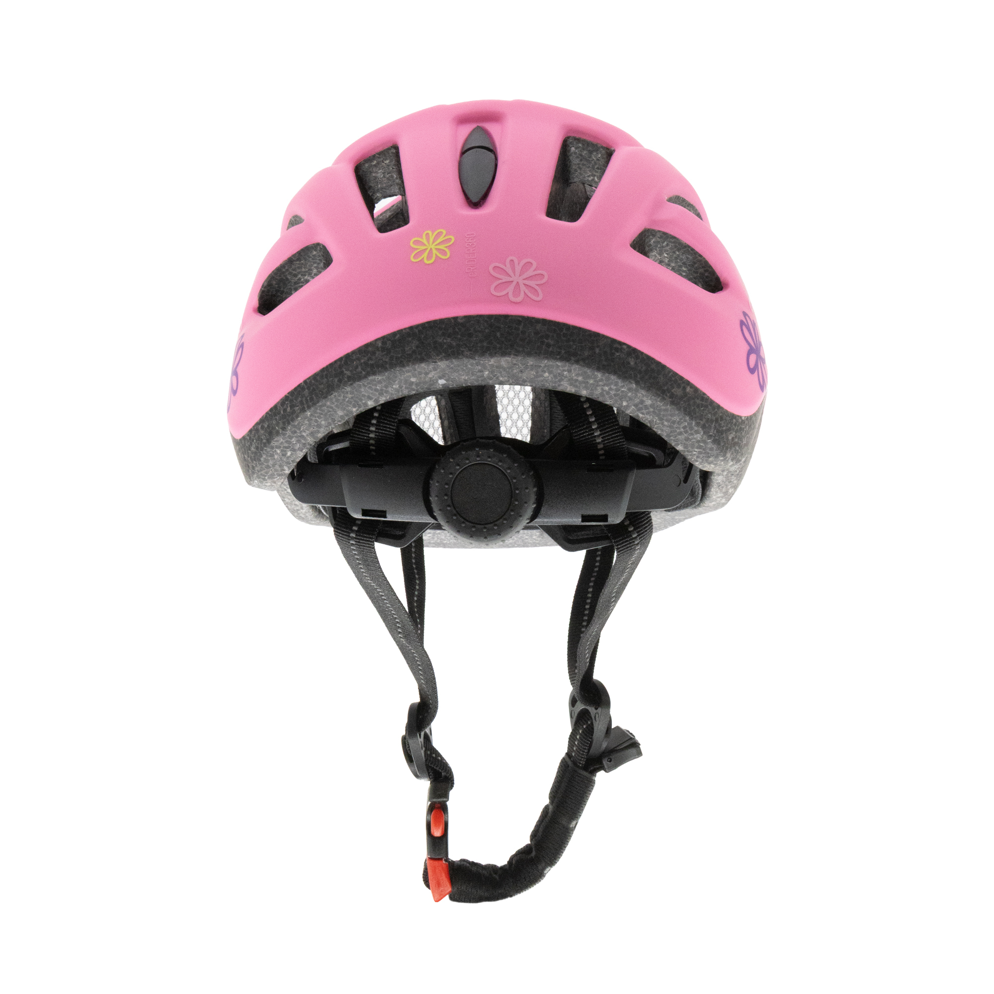 Casco de bicicleta rosa con calcomanías de flores. Se ven correas y hebilla negras. Fondo blanco.