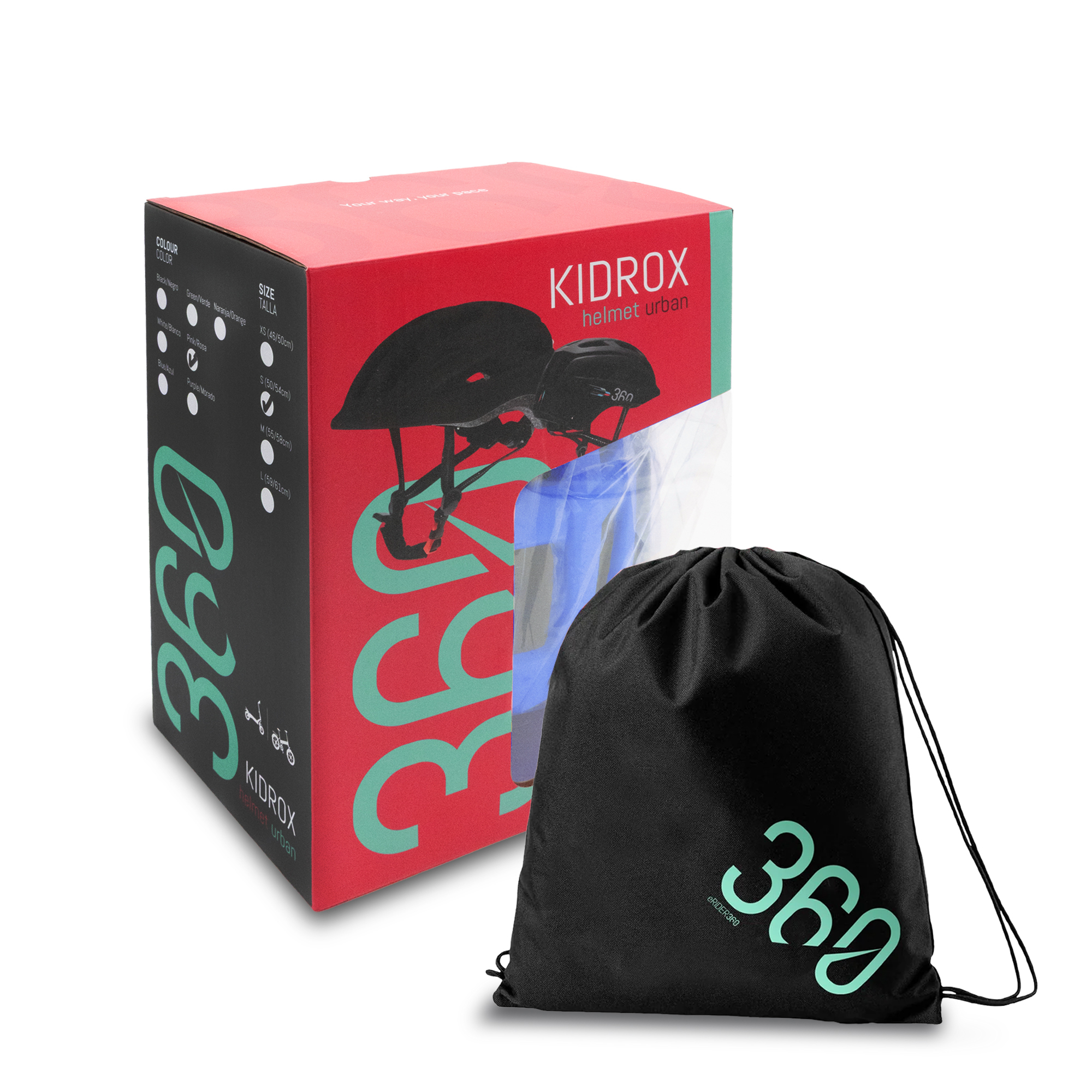 Una caja con un casco dentro, una bolsa negra con el número 360 y detalles del casco.