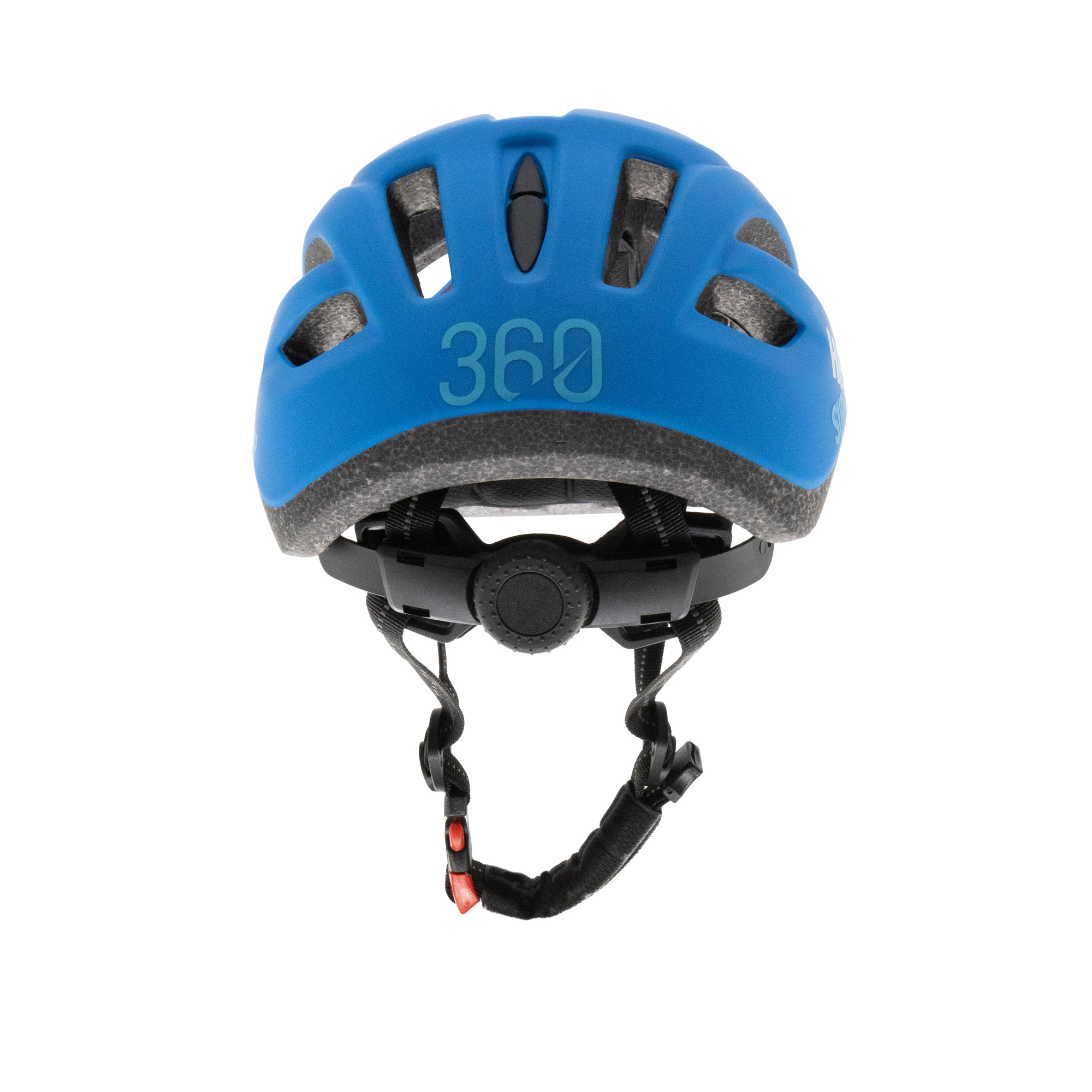 Un casco de bicicleta azul con el número 360. Se ven correas negras y una hebilla roja.