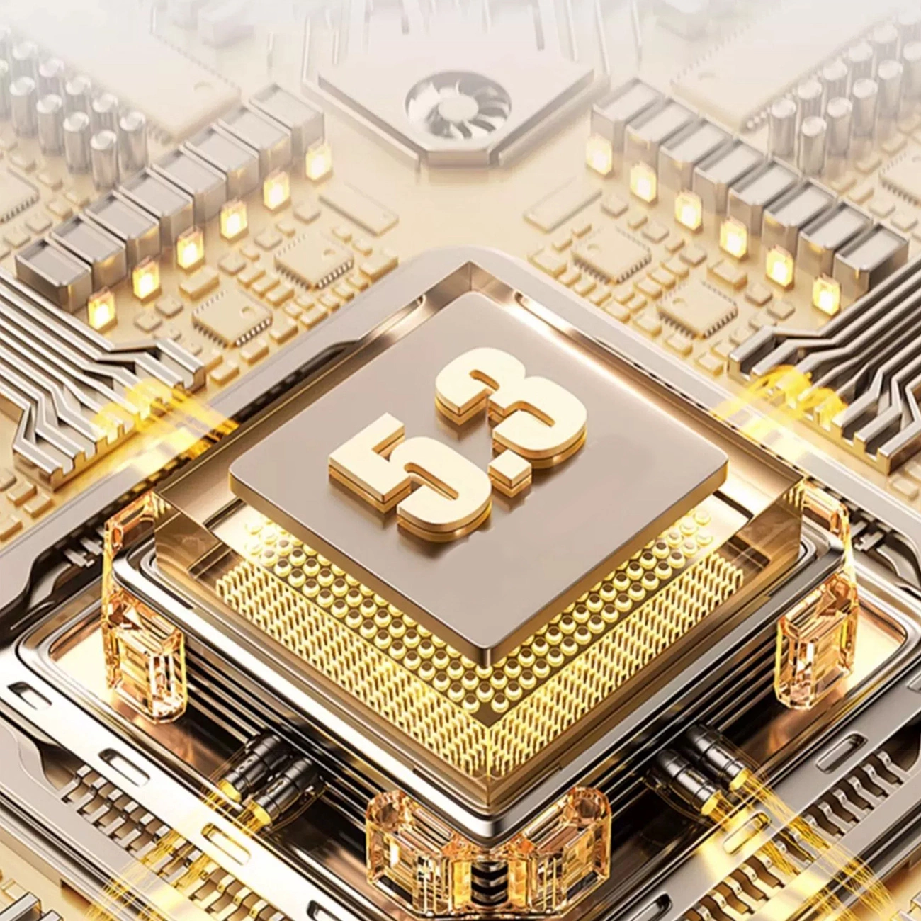 Zbliżenie złotego chipa komputerowego z numerem 5.3. Chip jest otoczony obwodami i innymi komponentami.