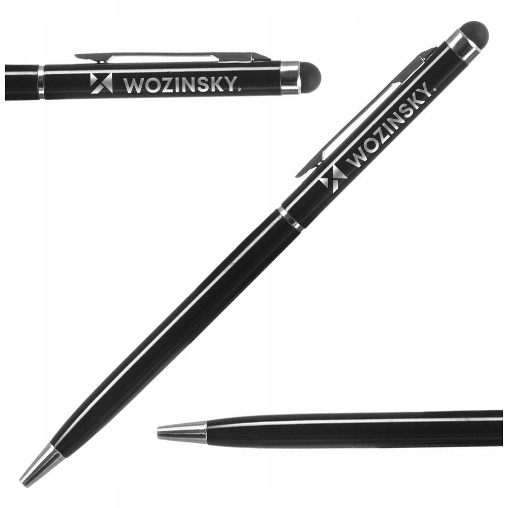 Czarny rysik WOZINSKY jest wyświetlany pod różnymi kątami. Pióro ma srebrną końcówkę i nadrukowaną nazwę marki.